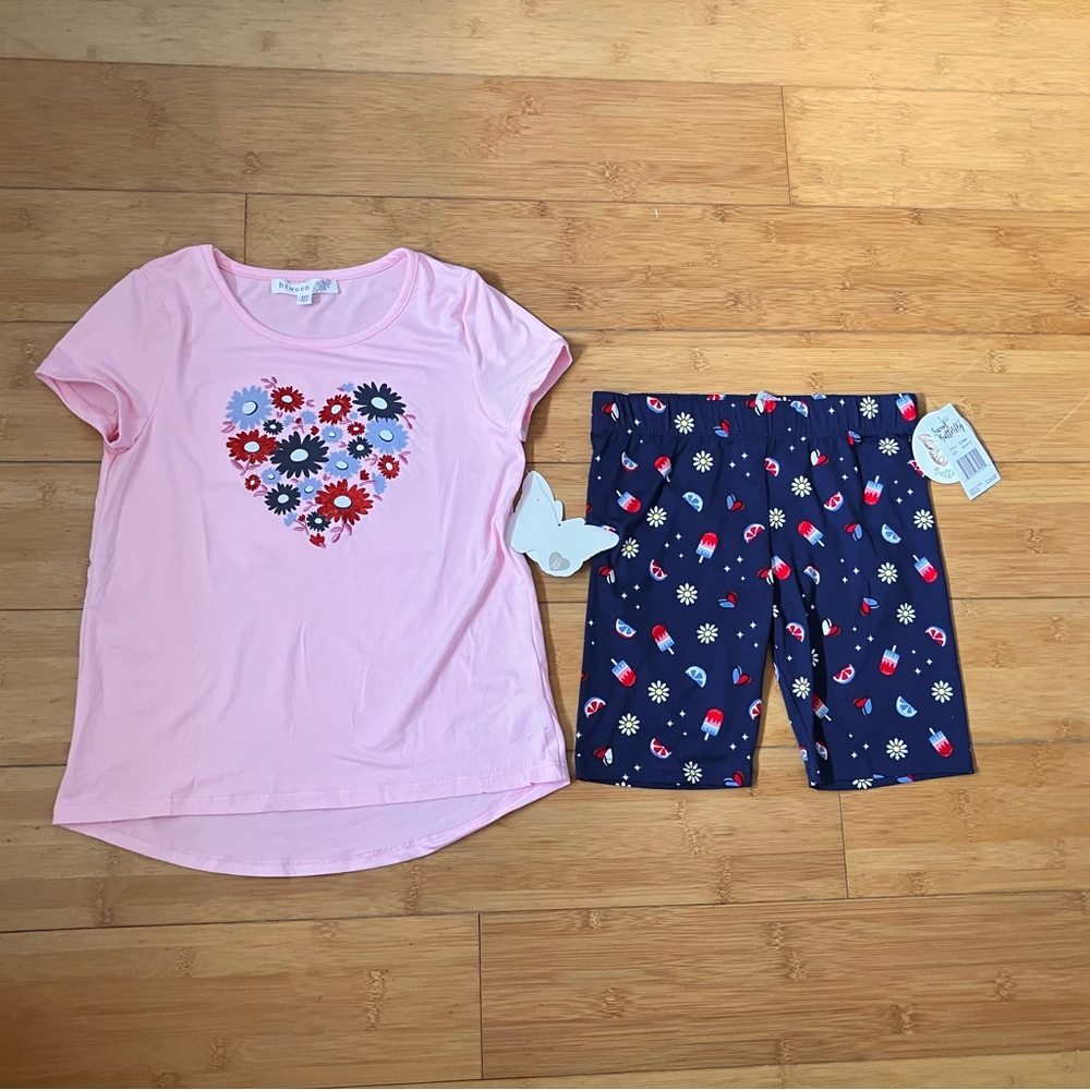 NWT Girls Size 10 Patriotic Outfit - Flower Heart Tee Top & Print Bike Shorts